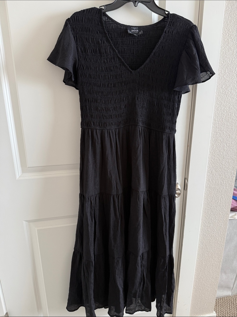 Smocked V-Neck Tiered Maxi Dress in Black